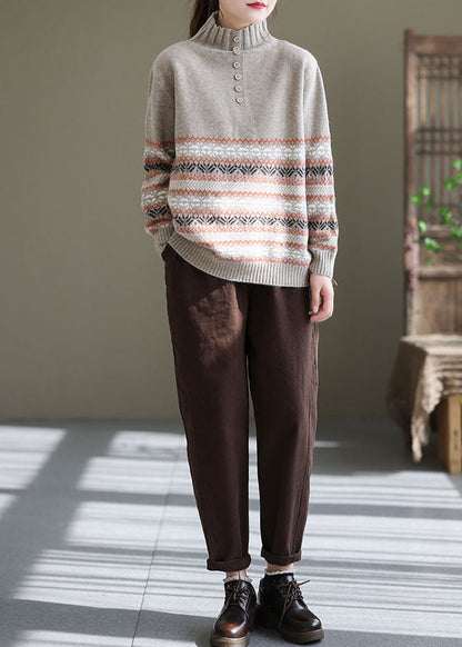 Women Light Grey Oversized Print Thick Knit Sweater Spring TG1046