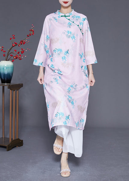 Women Light Pink Mandarin Collar Print Cotton Dresses Bracelet Sleeve LY1779