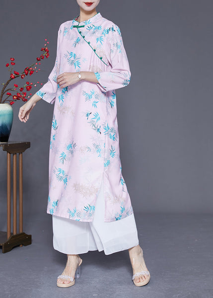 Women Light Pink Mandarin Collar Print Cotton Dresses Bracelet Sleeve LY1779