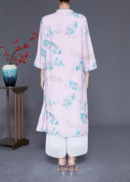 Women Light Pink Mandarin Collar Print Cotton Dresses Bracelet Sleeve LY1779
