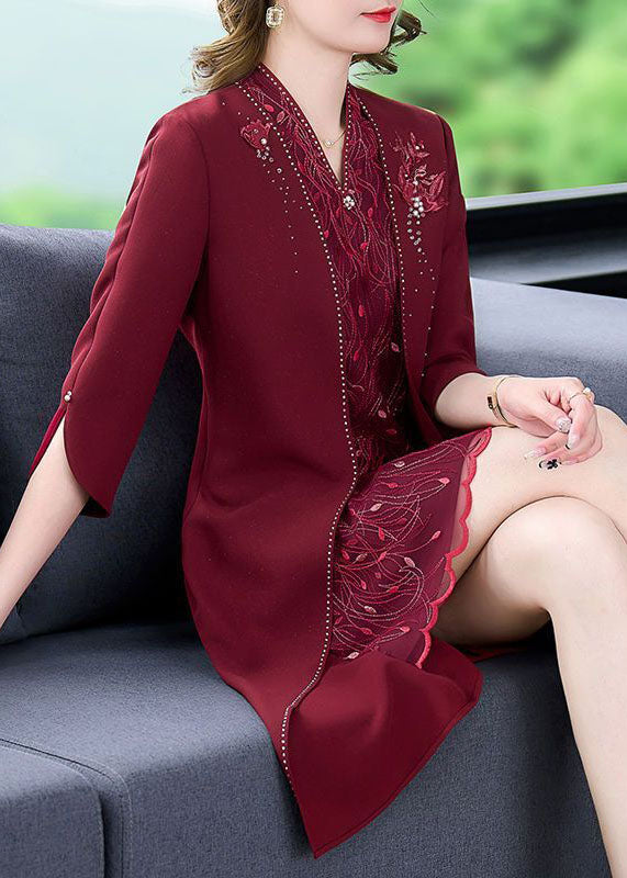 Women Mulberry V Neck Embroideried Silk Fake Two Piece Dress Bracelet Sleeve LY1665