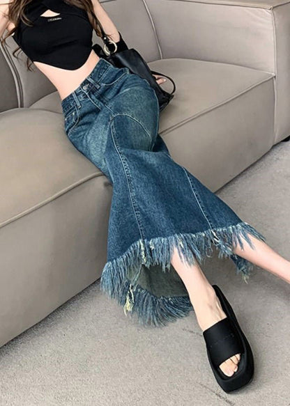 Women Navy High Waist Patchwork Tassel Denim Maxi Skirts Summer TY1030