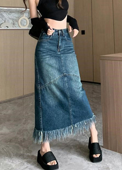 Women Navy High Waist Patchwork Tassel Denim Maxi Skirts Summer TY1030