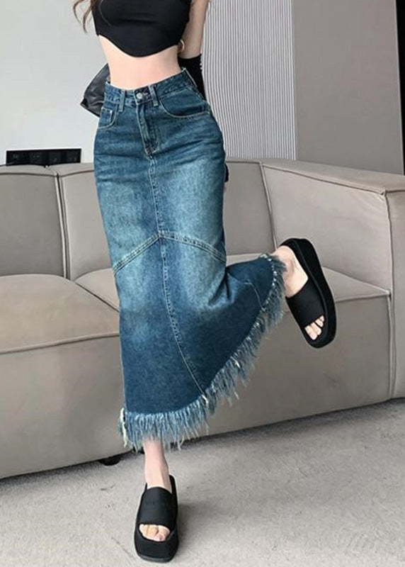 Women Navy High Waist Patchwork Tassel Denim Maxi Skirts Summer TY1030