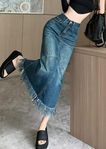 Women Navy High Waist Patchwork Tassel Denim Maxi Skirts Summer TY1030