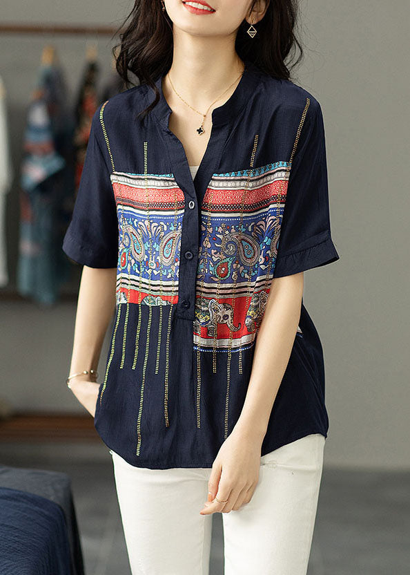 Women Navy Print Zircon Patchwork Cotton Shirt Tops Summer TP1041