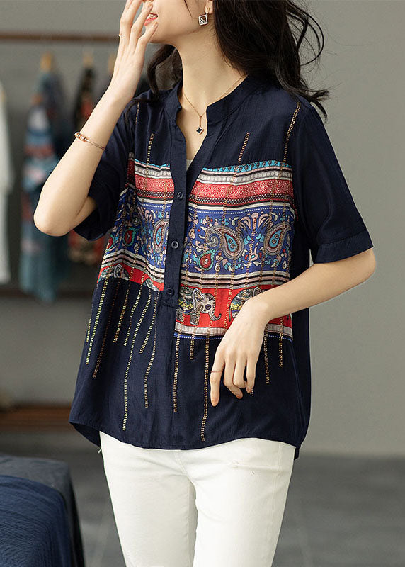 Women Navy Print Zircon Patchwork Cotton Shirt Tops Summer TP1041