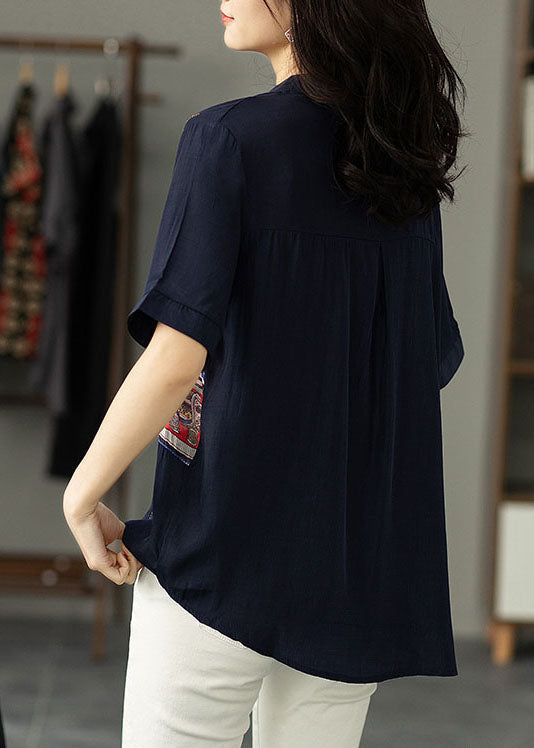 Women Navy Print Zircon Patchwork Cotton Shirt Tops Summer TP1041