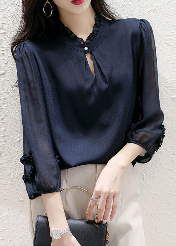 Women Navy Stand Collar Ruffled Patchwork Silk Top Spring LY0351