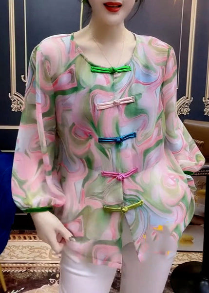 Women O-Neck Print Button Chiffon Shirt Long Sleeve LY0806