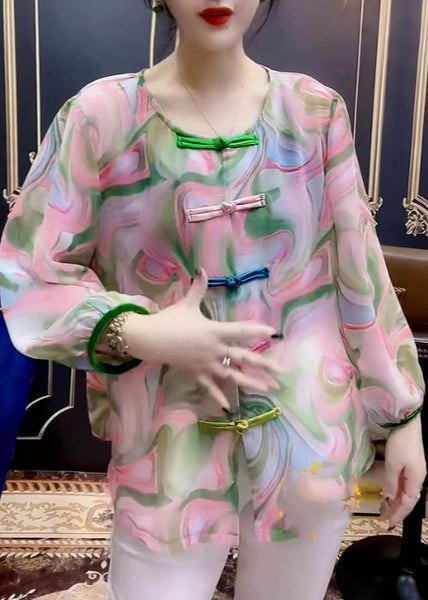 Women O-Neck Print Button Chiffon Shirt Long Sleeve LY0806