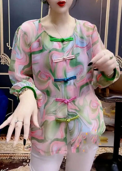 Women O-Neck Print Button Chiffon Shirt Long Sleeve LY0806