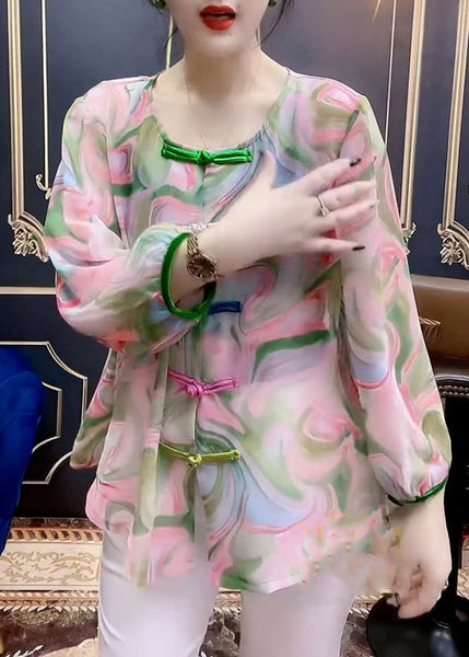 Women O-Neck Print Button Chiffon Shirt Long Sleeve LY0806