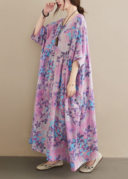 Women O-Neck Print Patchwork Wrinkled Cotton Maxi Dresses Summer LC0006