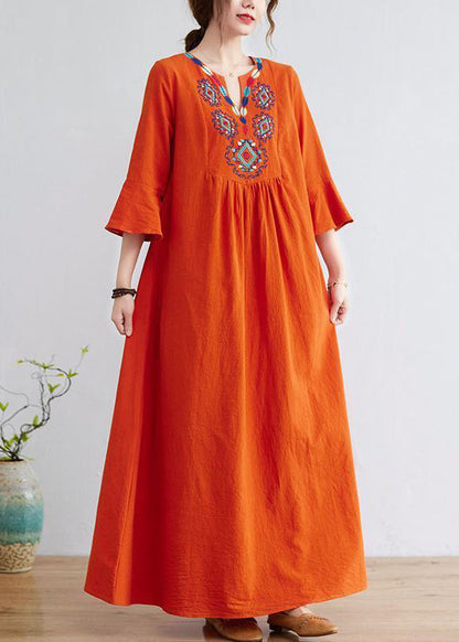 Women Orange Embroideried Wrinkled Cotton Maxi Dress Bracelet Sleeve LY0913