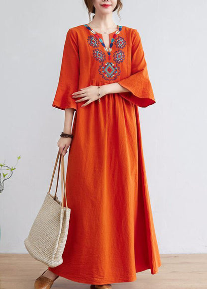 Women Orange Embroideried Wrinkled Cotton Maxi Dress Bracelet Sleeve LY0913