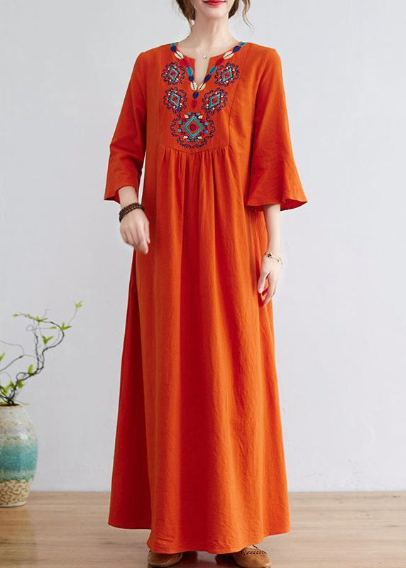 Women Orange Embroideried Wrinkled Cotton Maxi Dress Bracelet Sleeve LY0913