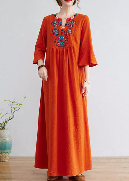 Women Orange Embroideried Wrinkled Cotton Maxi Dress Bracelet Sleeve LY0913