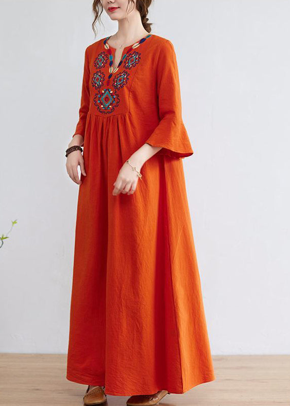 Women Orange Embroideried Wrinkled Cotton Maxi Dress Bracelet Sleeve LY0913