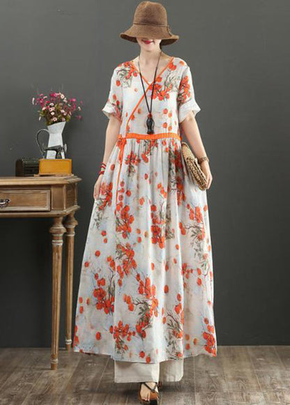 Women Orange Print Tie Waist Exra Large Hem Cotton Dresses Summer LY0898