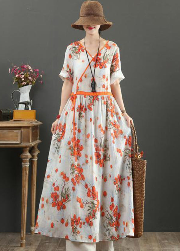 Women Orange Print Tie Waist Exra Large Hem Cotton Dresses Summer LY0898