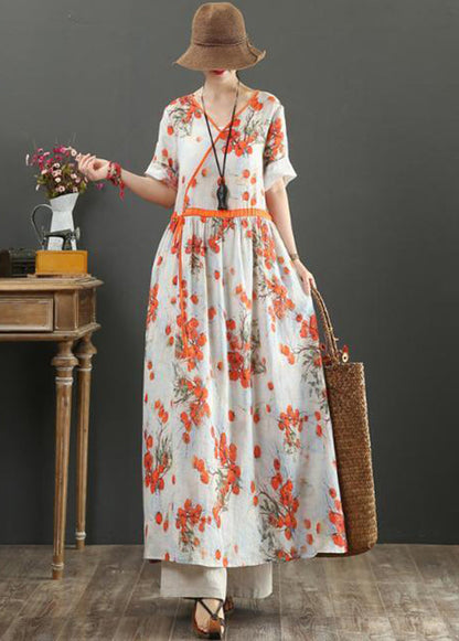 Women Orange Print Tie Waist Exra Large Hem Cotton Dresses Summer LY0898