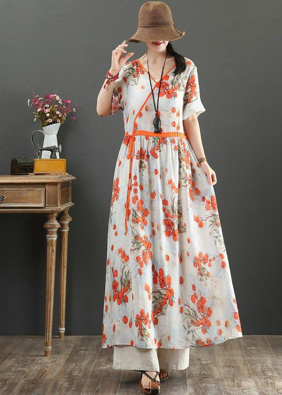 Women Orange Print Tie Waist Exra Large Hem Cotton Dresses Summer LY0898