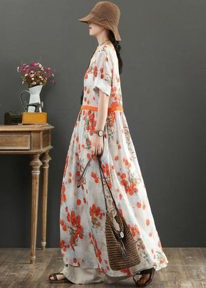 Women Orange Print Tie Waist Exra Large Hem Cotton Dresses Summer LY0898