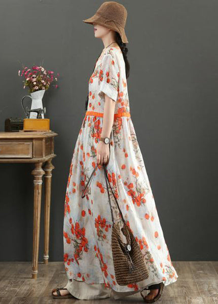 Women Orange Print Tie Waist Exra Large Hem Cotton Dresses Summer LY0898