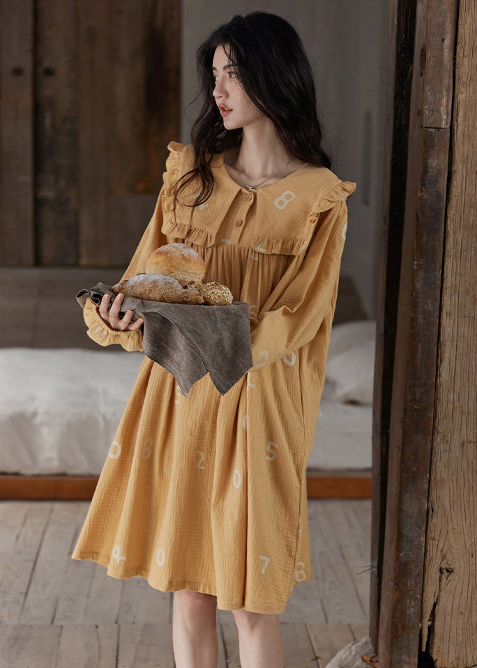 Women Orange Ruffled Print Cozy Cotton Maxi Dress Long Sleeve TO1055