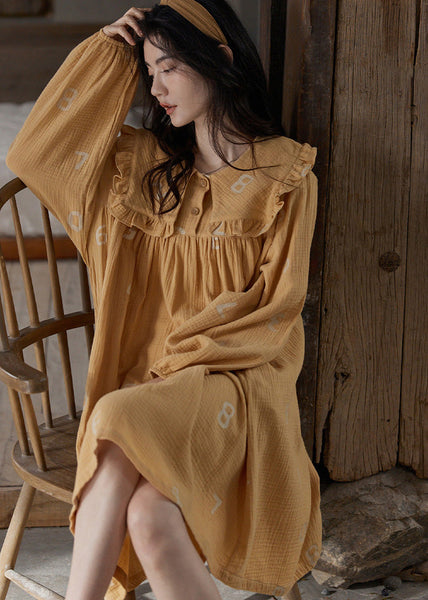 Women Orange Ruffled Print Cozy Cotton Maxi Dress Long Sleeve LY1863