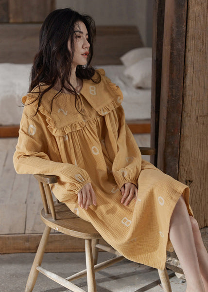 Women Orange Ruffled Print Cozy Cotton Maxi Dress Long Sleeve LY1863