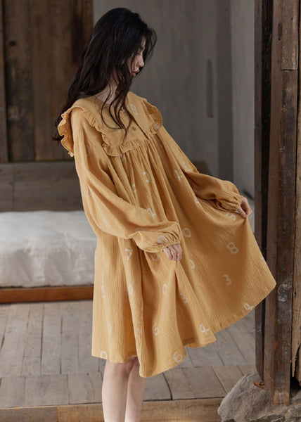 Women Orange Ruffled Print Cozy Cotton Maxi Dress Long Sleeve LY1863