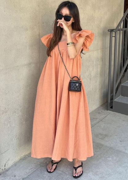 Women Orange Square Collar Oversized Cotton A Line Dresses Butterfly Sleeve LY1339