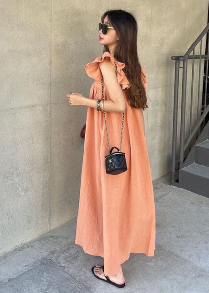 Women Orange Square Collar Oversized Cotton A Line Dresses Butterfly Sleeve LY1339