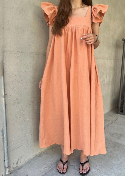 Women Orange Square Collar Oversized Cotton A Line Dresses Butterfly Sleeve LY1339