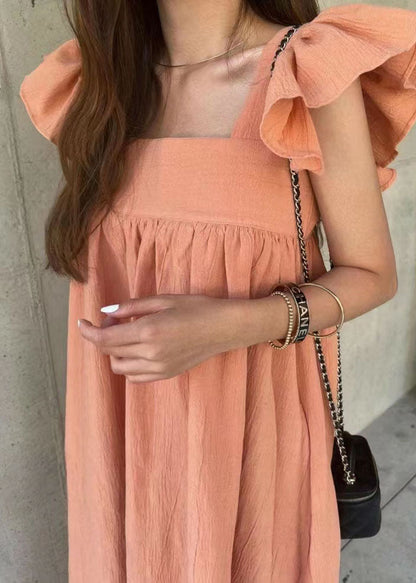 Women Orange Square Collar Oversized Cotton A Line Dresses Butterfly Sleeve LY1339