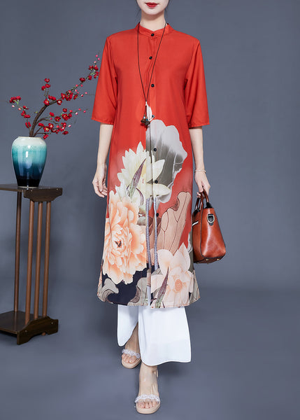 Women Orange Stand Collar Print Side Open Silk Women Sets 2 Pieces Half Sleeve LY0930