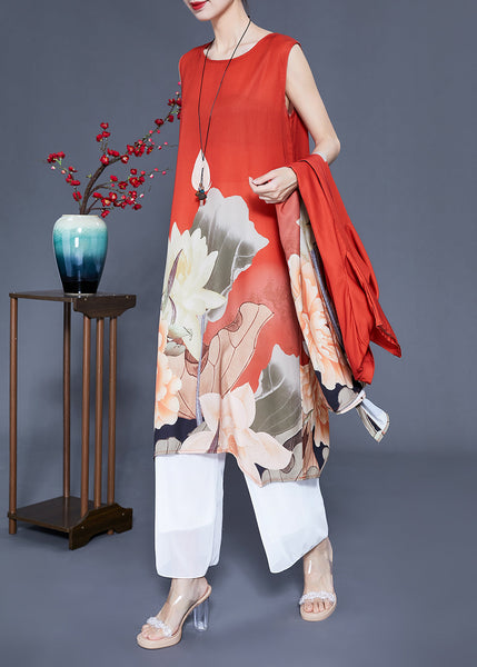 Women Orange Stand Collar Print Side Open Silk Women Sets 2 Pieces Half Sleeve LY0930