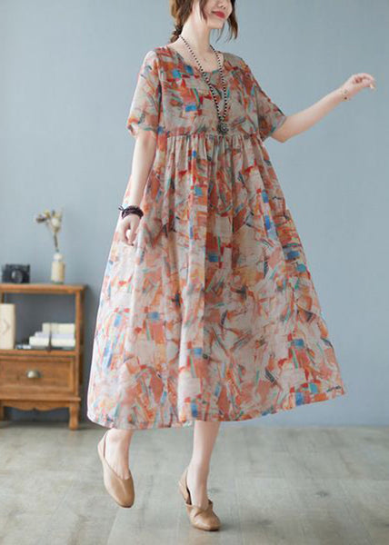 Women Oversized Print Exra Large Hem Cotton Long Dresses Short Sleeve LY0917