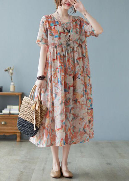 Women Oversized Print Exra Large Hem Cotton Long Dresses Short Sleeve LY0917