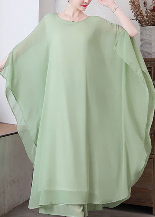 Women Pea Green Asymmetrical Solid Chiffon Long Dress And Wide Leg Pants Two Pieces Set Spring LY1736