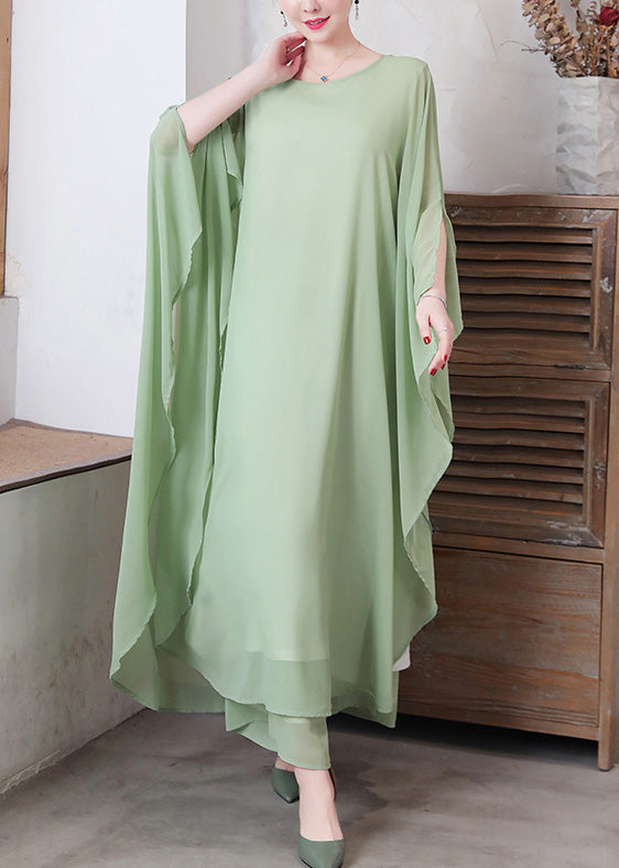 Women Pea Green Asymmetrical Solid Chiffon Long Dress And Wide Leg Pants Two Pieces Set Spring LY1736