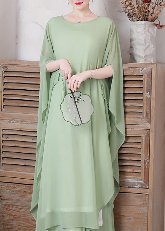 Women Pea Green Asymmetrical Solid Chiffon Long Dress And Wide Leg Pants Two Pieces Set Spring LY1736