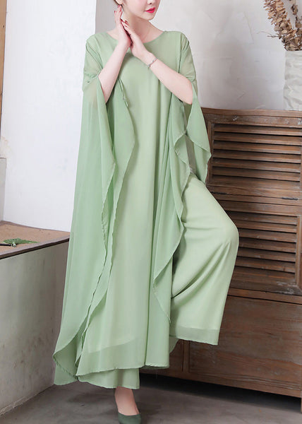 Women Pea Green Asymmetrical Solid Chiffon Long Dress And Wide Leg Pants Two Pieces Set Spring LY1736