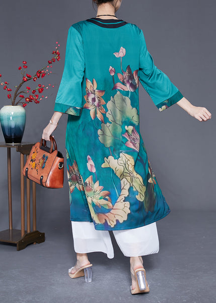 Women Peacock Blue Print Side Open Silk Holiday Dress Bracelet Sleeve LY1778