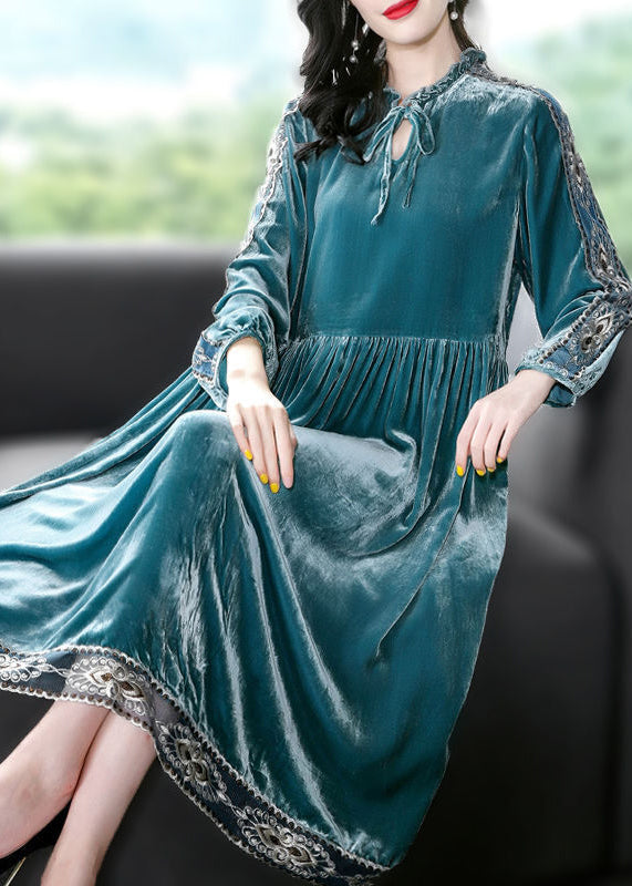 Women Peacock Blue Ruffled Embroideried Patchwork Silk Velour Dress Spring LY0679