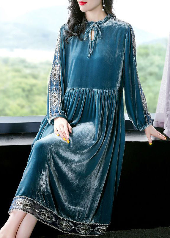 Women Peacock Blue Ruffled Embroideried Patchwork Silk Velour Dress AC3052