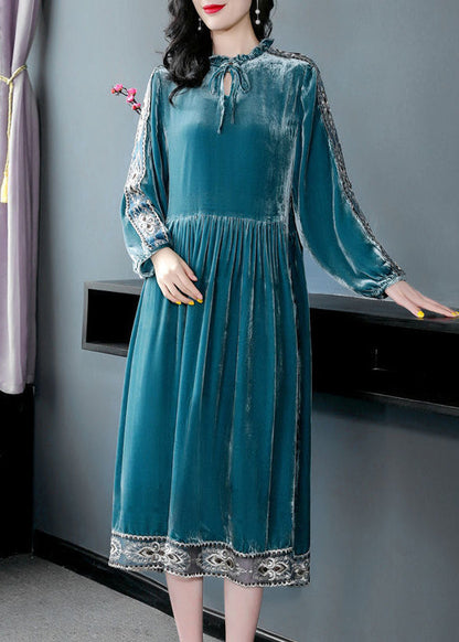 Women Peacock Blue Ruffled Embroideried Patchwork Silk Velour Dress AC3052