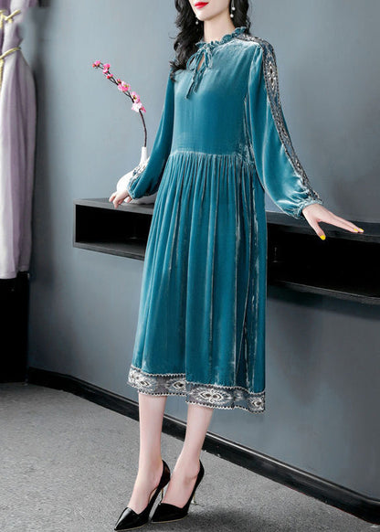 Women Peacock Blue Ruffled Embroideried Patchwork Silk Velour Dress Spring LY0679